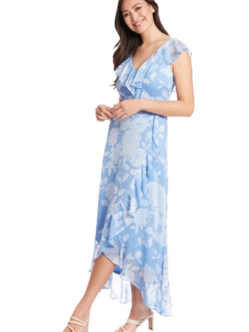 New London Times Alessandra Ruffle Blue & White Faux Wrap Dress Size 14 NWT